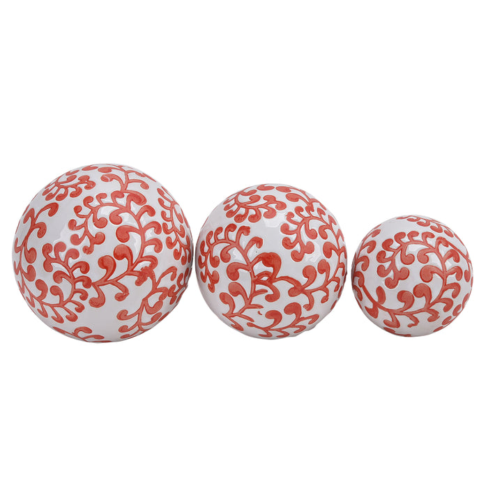 Ceramic Fern Orbs 4 / 5 / 6" (Set of 3) - White / Red