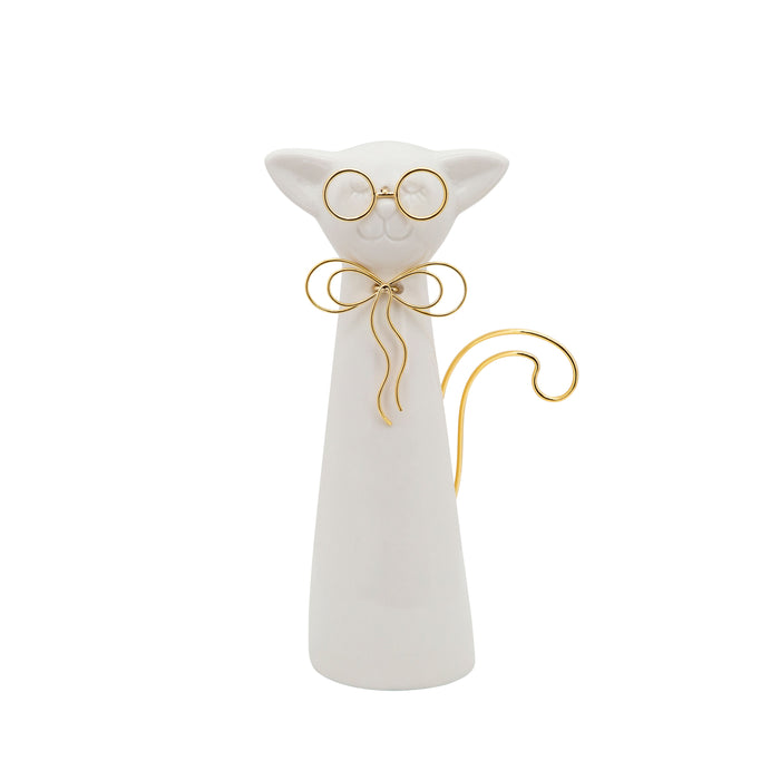 8" Cat With Glasses Deco - White