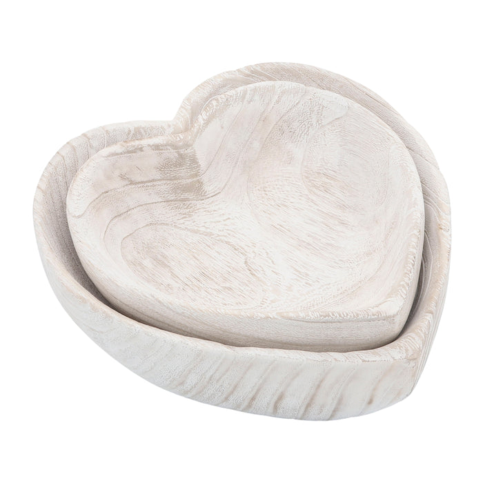 Wood (Set of 2) 9/10" Heart Bowls - White