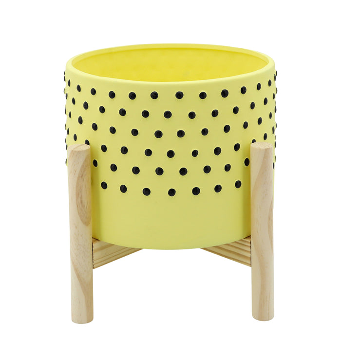 Dotted Planter With Wood Stand 8" - Yellow
