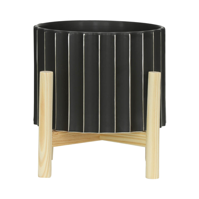 Ceramic Fluted Planter With Wood Stand 8" - Black
