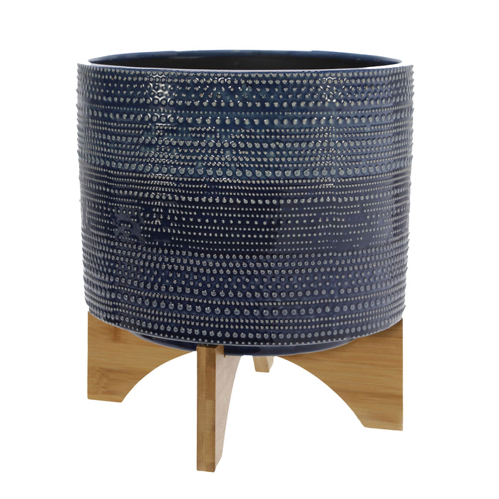 Dotted Planter With Wood Stand 10" - Blue