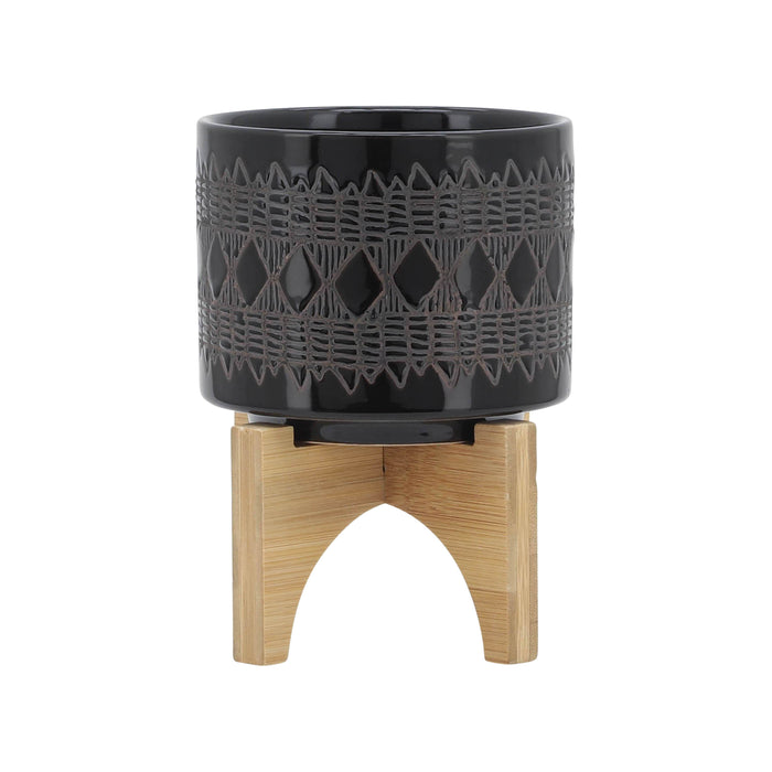 Ceramic Aztec Planter On Wooden Stand 5" - Black