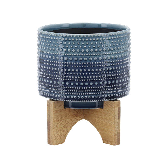 Dotted Planter With Wood Stand 5" - Blue