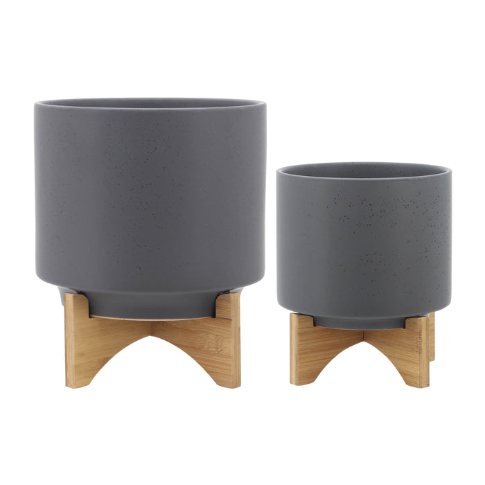 Planter With Wood Stand 8 / 10" (Set of 2) - Matte Gray