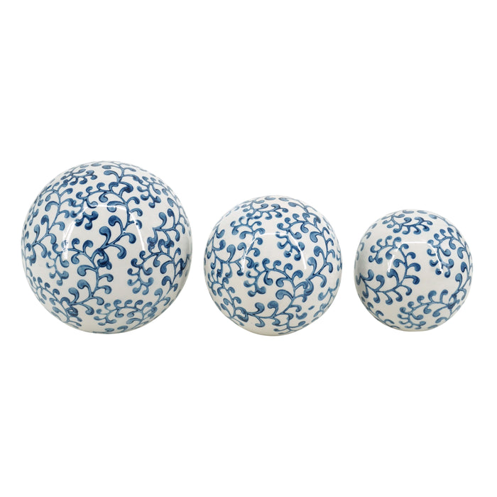 Ceramic Chinoiserie Fern Orbs 4/5/6" (Set of 3) - Blue/White