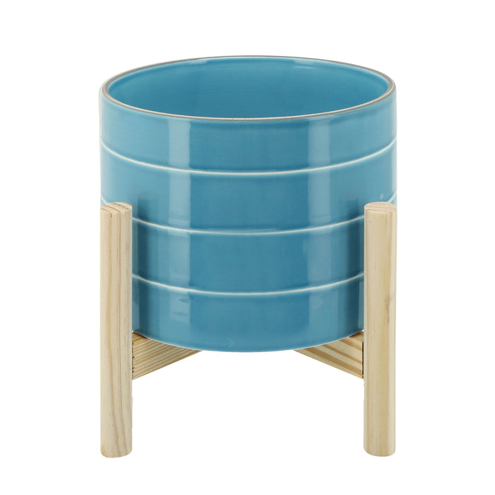 Striped Planter With Wood Stand 8" - Skyblue