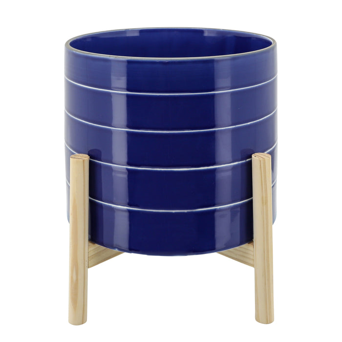 Striped Planter With Wood Stand 10" - Navy