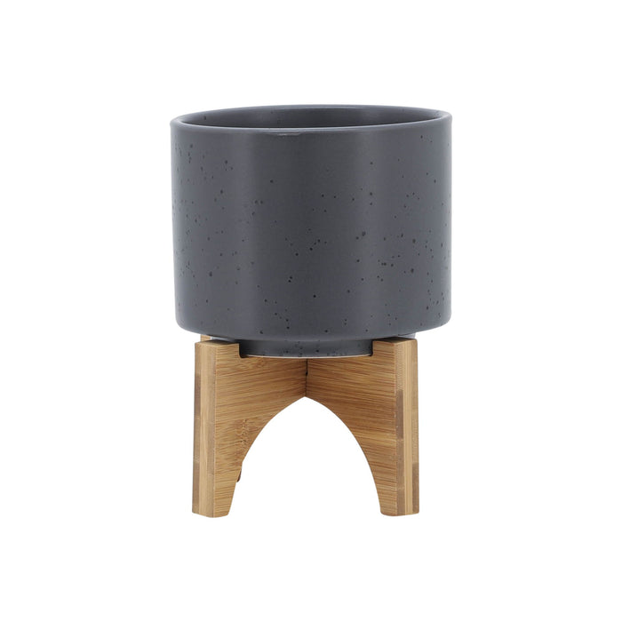 Planter With Wood Stand 5" - Matte Gray