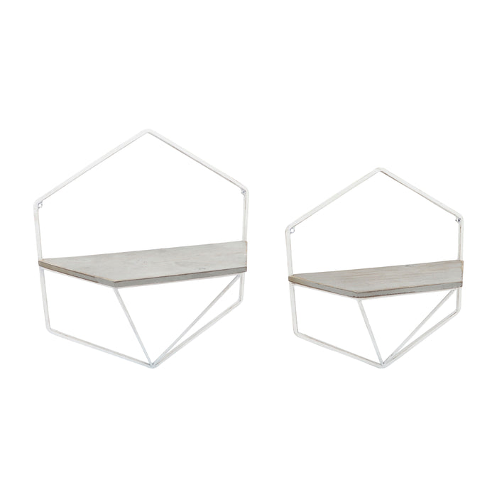 Metal Wood Hexagon Wall Shelves (Set of 2) - White / Gray
