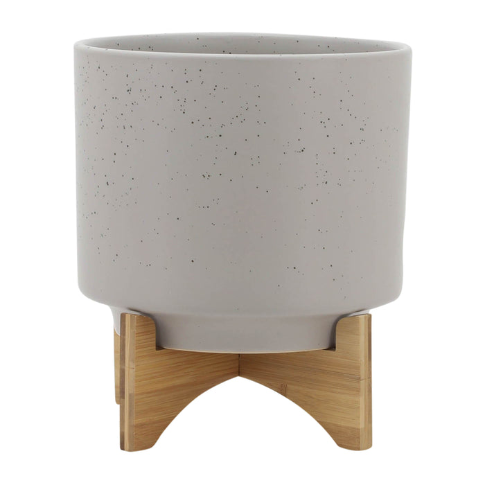 Planter With Wood Stand 10" - Matte Beige