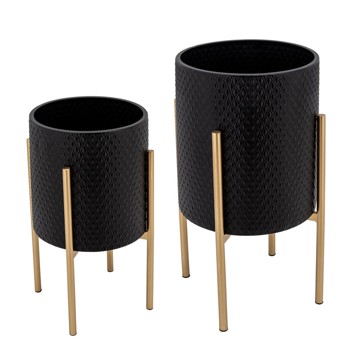 Textured Planter On Metal Stand (Set of 2) - Black / Gold