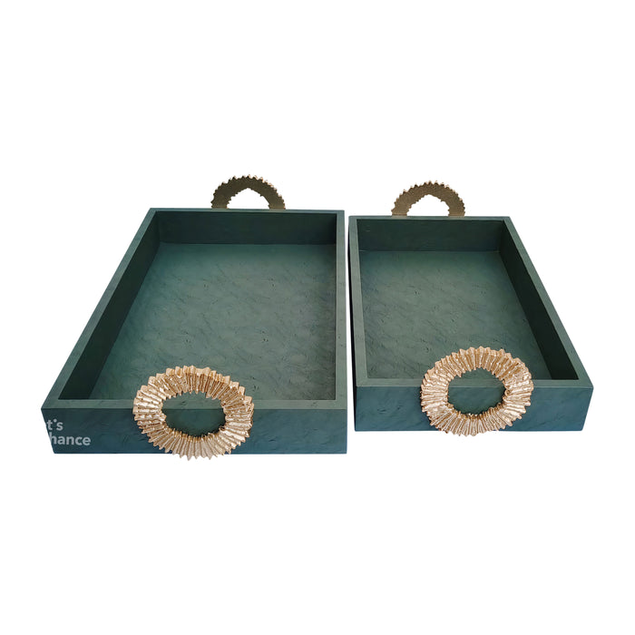 Faux Leather 16/18" 5Th Ave Trays (Set of 2) - Green/Gold