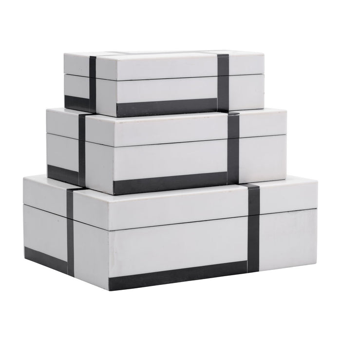 Resin (Set of 3) 6/7/9"Bold Lines Design Rec Boxes - Black/White