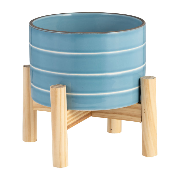 Striped Planter With Wood Stand 6" - Skyblue