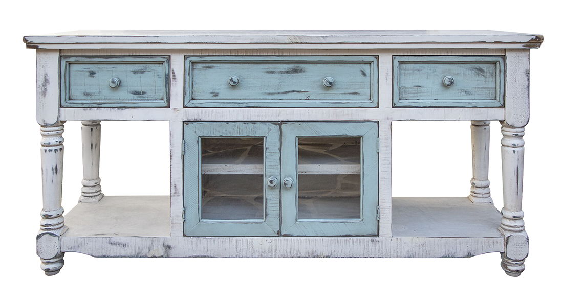 Aruba - TV Stand / Console With 3 Drawers And 2 Doors (Sky Blue) - Off White / Sky Blue