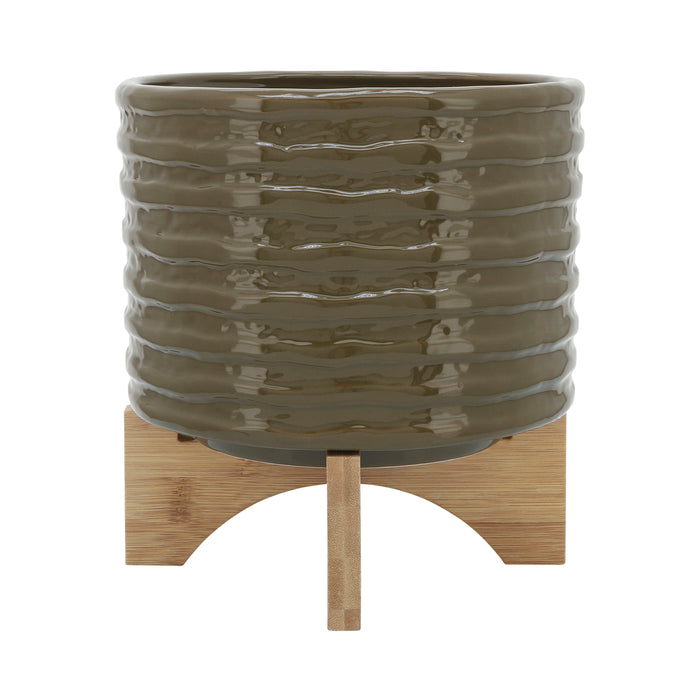 Ceramic Textured Planter With Stand 8" - Olive