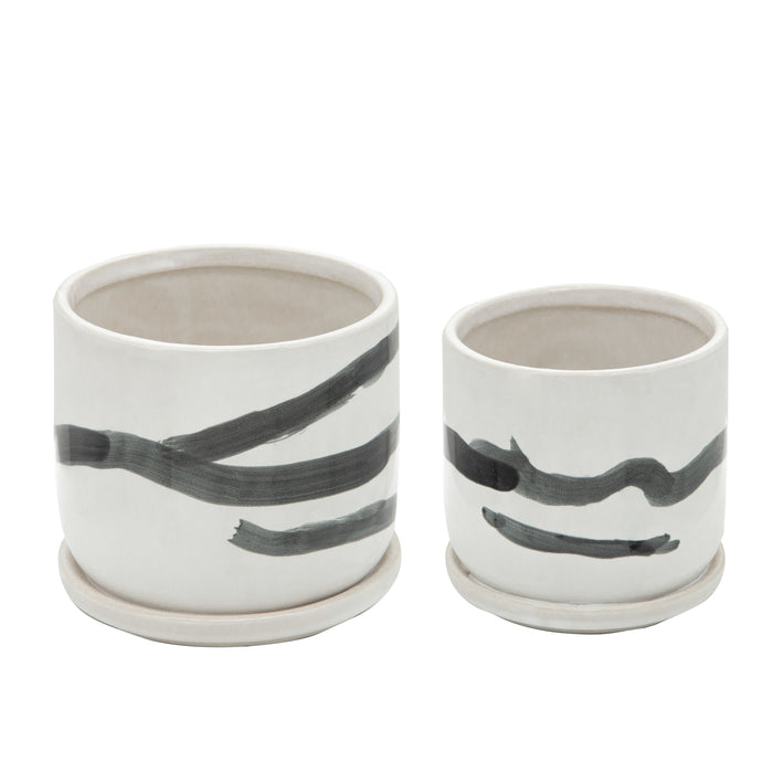 Painted Planters With Saucer (Set of 2) - White