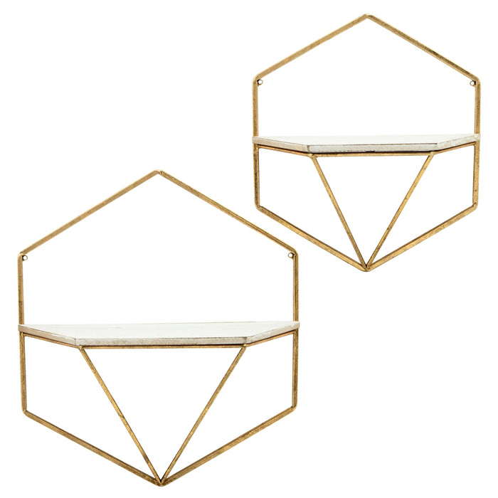 Metal Wood Hexagon Wall Shelves (Set of 2) - Gold / White