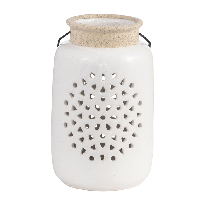 Ceramic Flower Cut Out Lantern 9" - Ivory