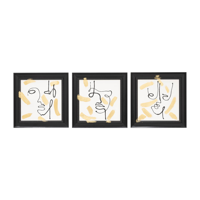 Hand Painted Gold Splash Geometric Faces (Set of 3) - Black / White