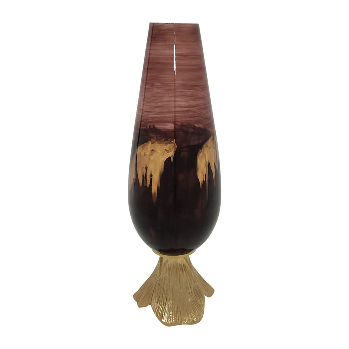 Glass 19" Vase With Leaf Base - Bronze