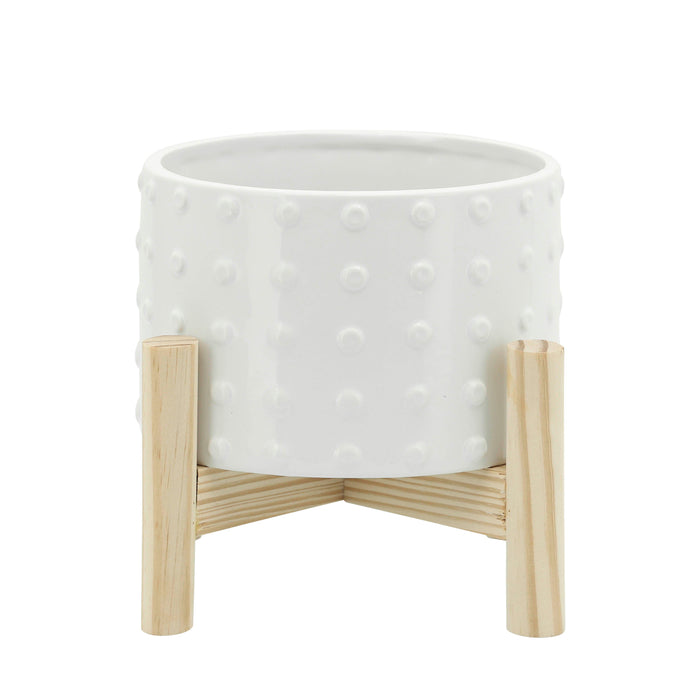Ceramic Dotted Planter With Wood Stand 6" - White