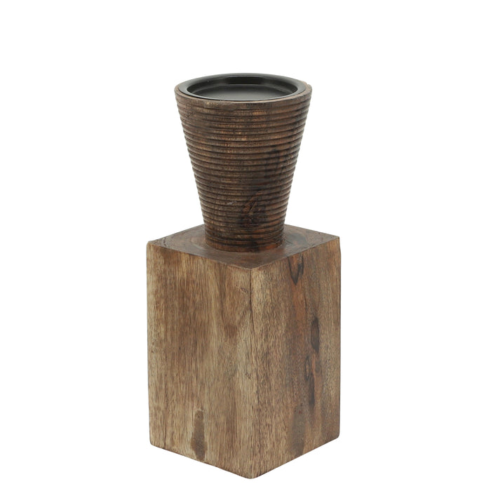 Wood Geometric Candle Holder 10" - Brown