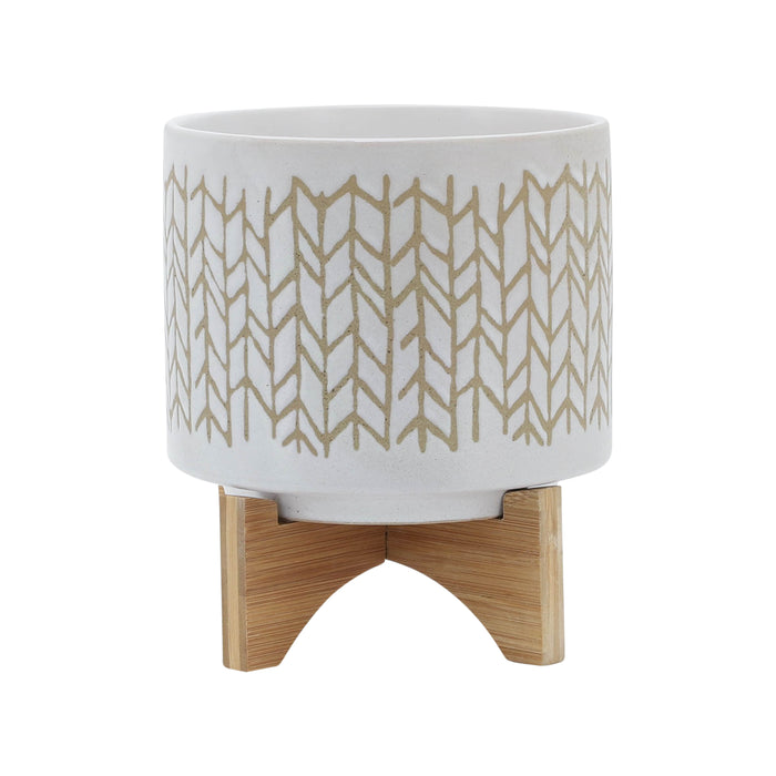 Chevron Planter With Wood Stand 8" - Beige
