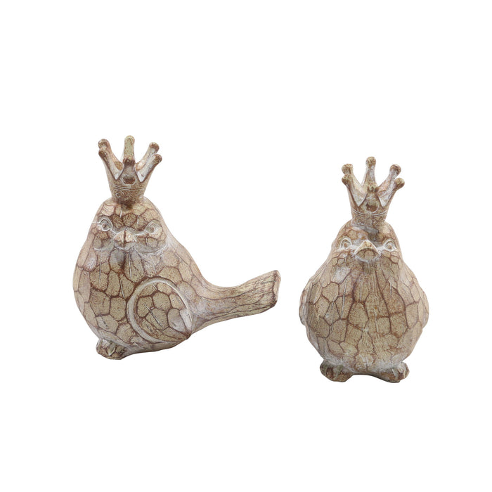 Resin Birds With Crowns (Set of 2) - Brown