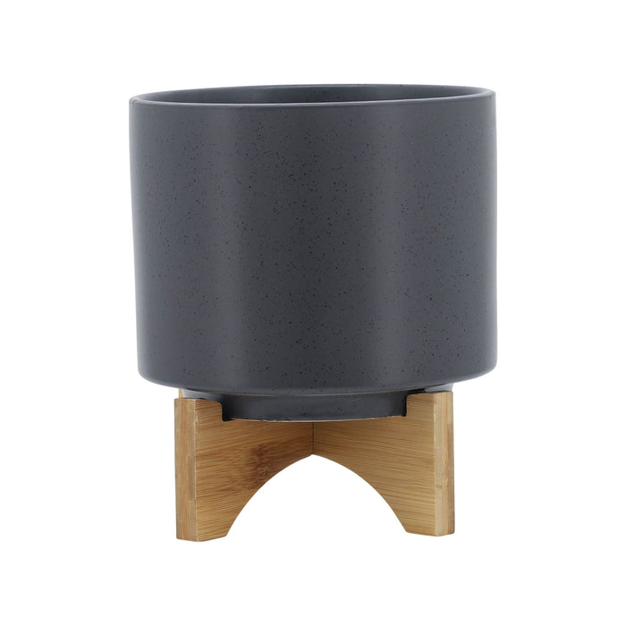 Planter With Wood Stand 8" - Matte Gray