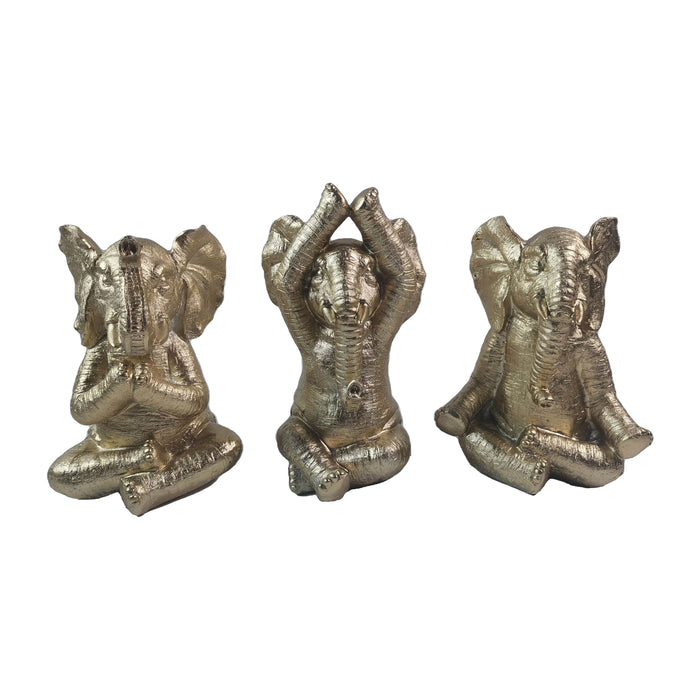 Resin (Set of 3) 8" Yoga Elephants - Gold
