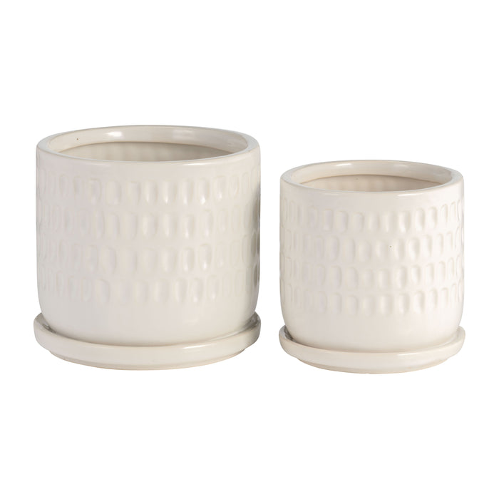 Dimpled Planters With Saucer 5 / 6" (Set of 2) - White