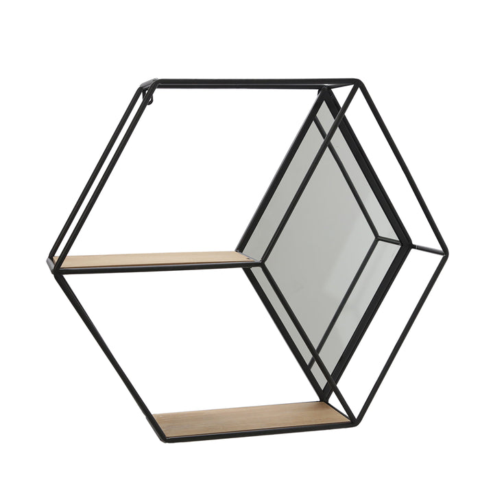 Metal / Wood 20" Hexagon Mirrored Wall Shelf - Black