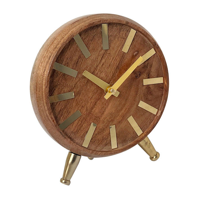 Wood 7'' Gold Table Clock - Brown