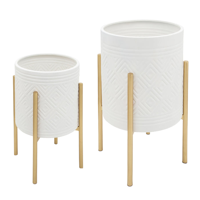 Aztec Planter On Metal Stand (Set of 2) - White / Gold
