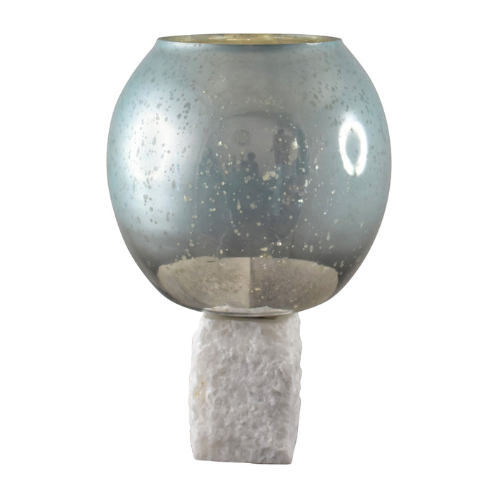 Glass 15" Bowl Pillar Holder Marble Base - Aqua / White
