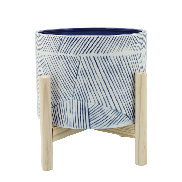 Planter With Wood Stand 8" - Navy