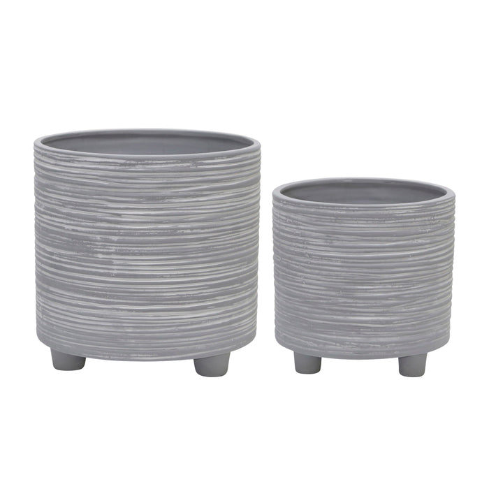 Footed Planter With Lines 6 / 8" (Set of 2)- Gray