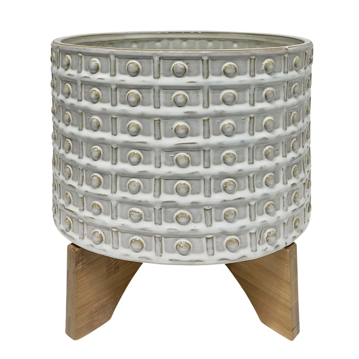 Ceramic Dotted Planter With Wood Stand 10" - Ivory