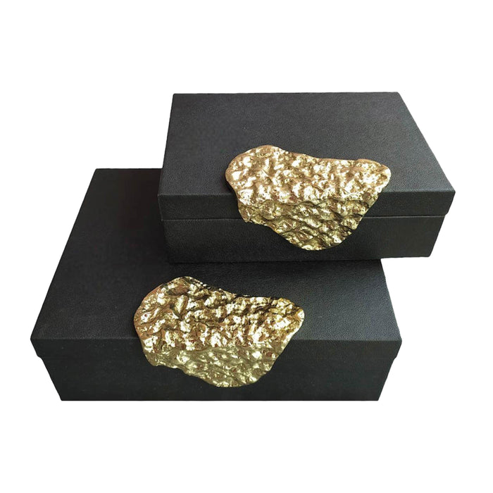 Leather Box With Antique Grain 9 / 11" (Set of 2) - Black / Gold