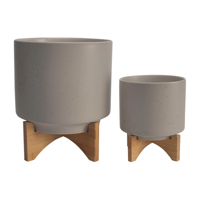 Ceramic Planter With Wood Stand 8 / 10" (Set of 2) - Matte Beige