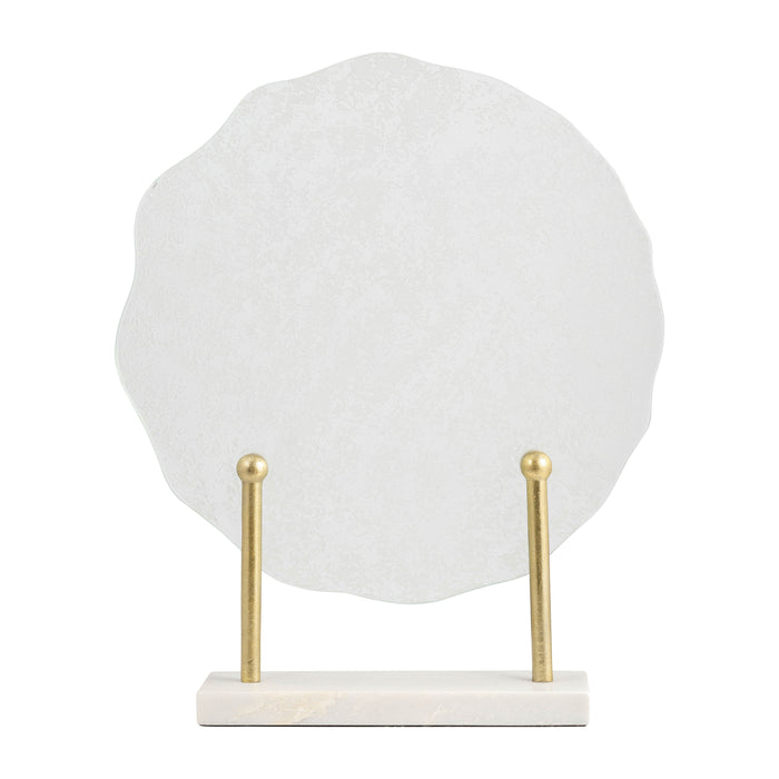 Metal Speckled Glass Disc On Marble Stand 21" - White