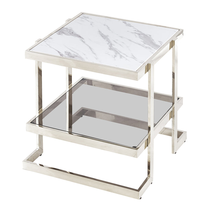 Metal / Marble Glass Side Table - Silver / White