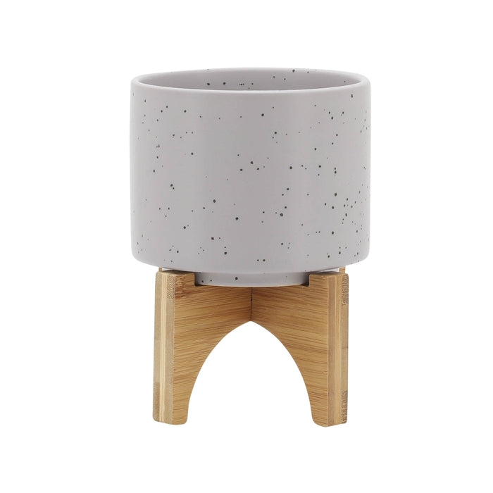 Planter With Wood Stand 5" - Matte Beige
