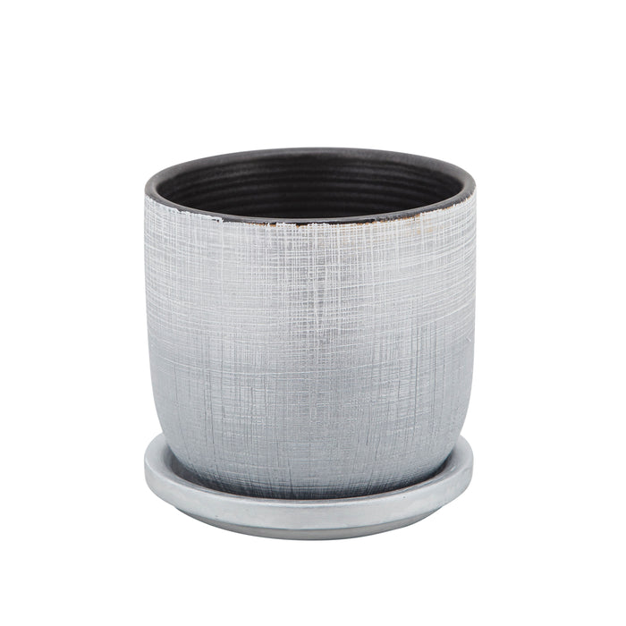 Textured Planter With Saucer 5" - Silver