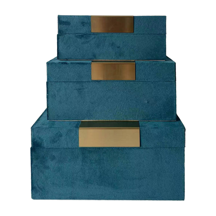 Velvet (Set of 3) 7/8/9" Jewelry Boxes - Teal/Gold