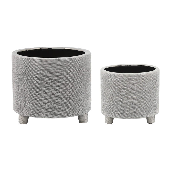 Ceramic 6/8" Footed Scratched Planters (Set of 2) - Silver
