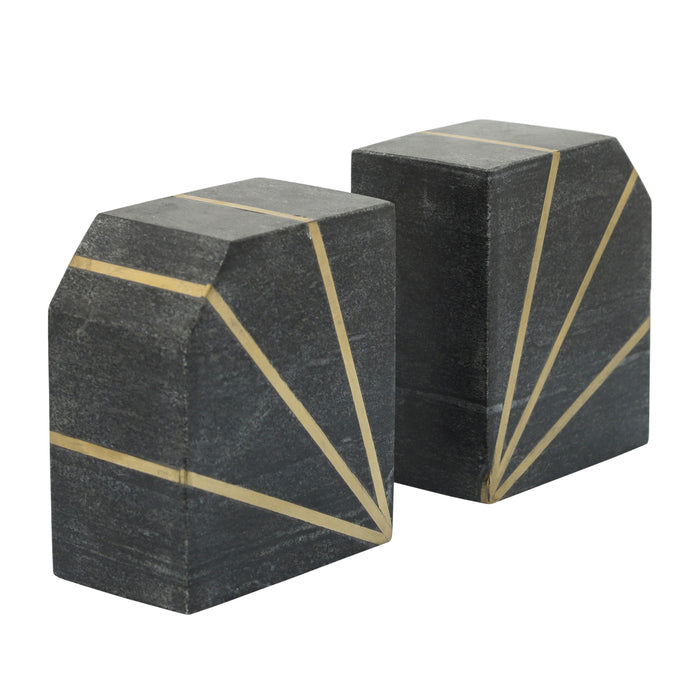 Marble Polished Bookends With Gold Inlays 5" (Set of 2) - Black