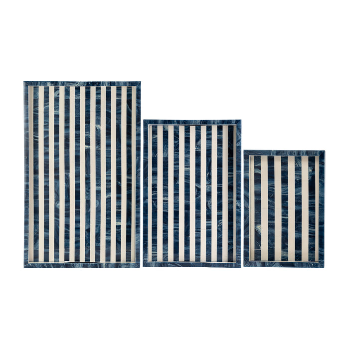 Resin (Set of 3) 13/18/24" Striped Trays - Blue/White